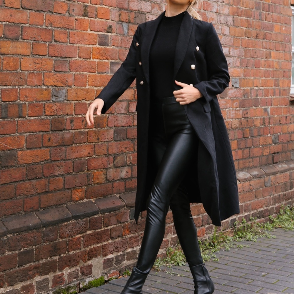 Cozy Black Button Long Pea Coat Jacket Classic - Picture 2 of 5